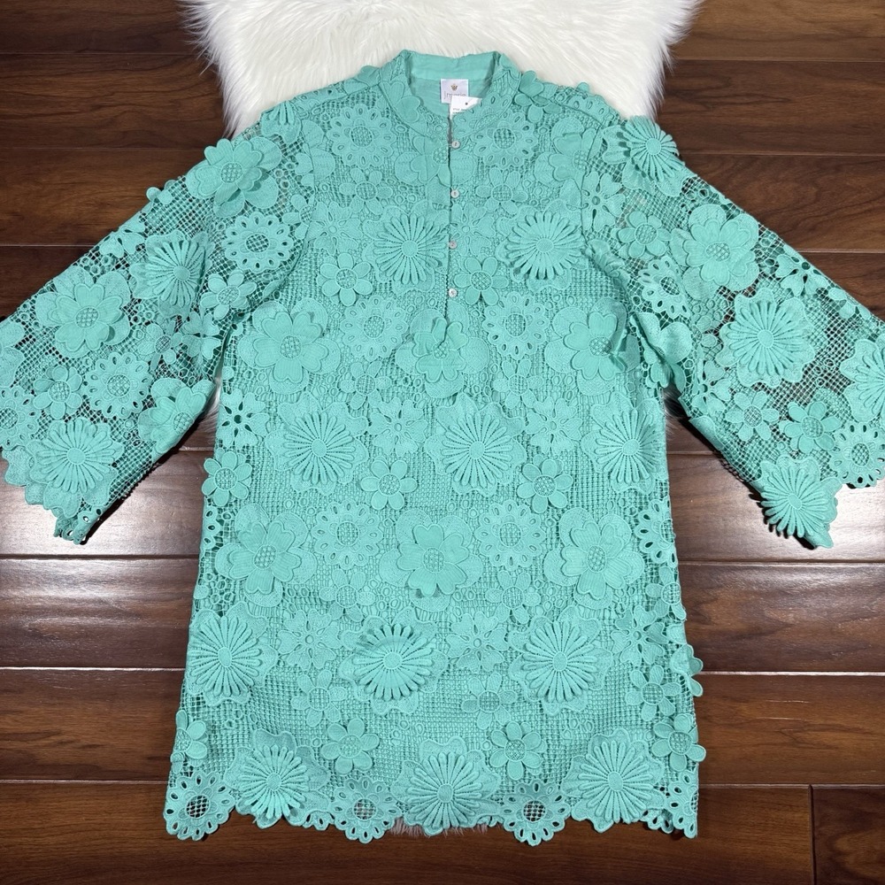 J.Marie Women's Size XS Pastel Teal Seraphina Floral 3D Lace Long Sleeve Dress